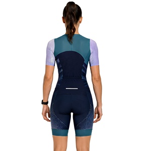 Combinaison de cyclisme pour femmes, manches courtes, fermeture éclair avant, séchage rapide, compression, extensible dans 4 directions, bleu marine, motif blanc - Product Image 6