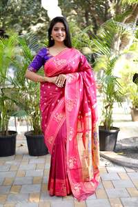 Saree en soie ethnique doux et écologique avec tissage Jari pur et motif floral Paithani Pallu pour toutes les occasions - Product Image 6