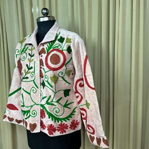 Boho Chic Retro Chic Women's Free Size <b>Jacket</b> Hand Embroidered <b>White</b> Floral Velvet Suzani Open Front Winter Coat with Robe Style - Product Image 6