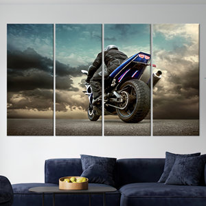 Obra de arte impresa en lienzo: Motocicleta en una escena de clima nublado, JUEGO DE 4 LIEÑOS - Product Image 1