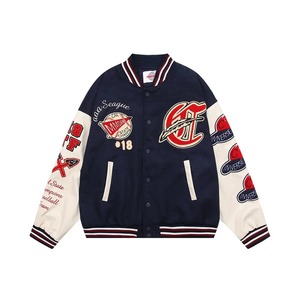 High Street hommes Baseball veste Vintage floqué broderie Patchwork Varsity veste en cuir PU manches Hip Hop Couple ample - Product Image 1