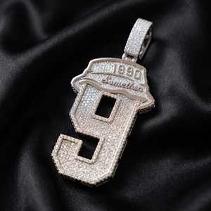 Pendentif numéro 9 en argent sterling 925 serti de diamants moissanite, bijoux hip hop personnalisés, style baseball, pour homme et femme, cadeau - Product Image 4