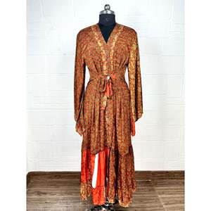 Recycled Vintage Silk Sari <b>Robe</b> Floral Print Boho House Kimono Dressing Gown <b>Beach</b> Coverup Anniversary Gift for Her Swimsuit - Product Image 1
