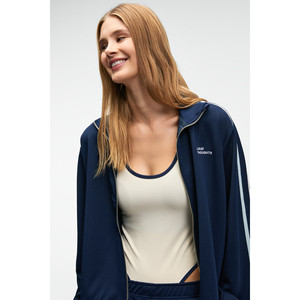 ZINNIE Women's Genuine Leather Crop Jacket-Navy Blue with Embroidery Side Stripe Metal <b>Zipper</b> & Stand Collar - Product Image 5
