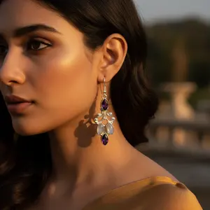 Boucles d'oreilles pendantes en argent 925 pour femmes avec pierre de lune et améthyste, plaquées or 18 carats, bijoux - Product Image 2