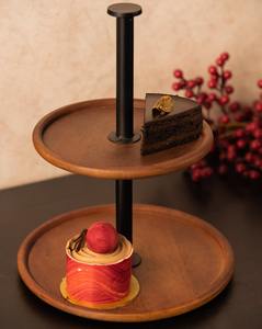 Modern 2 <b>Tier</b> Wooden <b>Cake</b> <b>Stand</b> With Matte Black Center Pole Round Wood Dessert <b>Stand</b> Minimalist Tiered <b>Cake</b> Pedestal Decor - Product Image 2