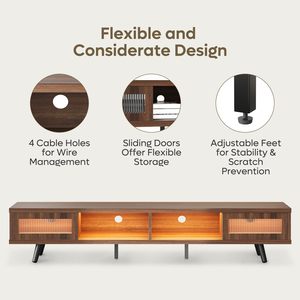 Mueble de Entretenimiento de Madera Extra Largo, Estilo Moderno de Mediados de Siglo, con Iluminación LED, Mueble para TV con Vidrio Estriado, Muebles para Sala de Estar - Product Image 4