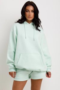 Meilleure vente Ensemble survêtement 2 pièces en coton mélangé à la menthe pour femme, sweat à capuche et short Ensemble de détente pour l'hiver à motif uni - Product Image 5