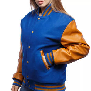 Chaqueta universitaria de béisbol lisa para mujer, personalizable, con mangas de cuero, precio al por mayor - Product Image 4