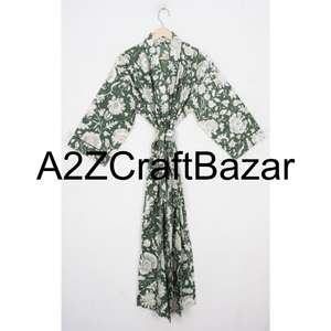 Caftán Indio para Mujer, 100% Algodón, Estampado Floral a Mano, Maxi Largo, para Playa, Ropa de Dormir, Kimono, Cuello en V, Cierre con Cinturón, Envío Rápido - Product Image 2