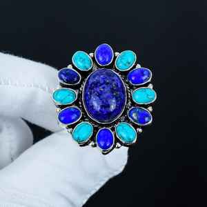 Bague en pierre précieuse lapis-lazuli turquoise, faite à la main, en argent sterling 925 plaqué rhodium, qualité supérieure, vintage, cadeau d'anniversaire - Product Image 2