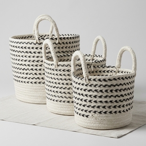 Hand Woven Recycled Plastic <b>Rope</b> <b>Storage</b> <b>Basket</b> Set Black White Arrow Stripe Arch Handle Pot Planter Setup Decor Pure Art Design - Product Image 5