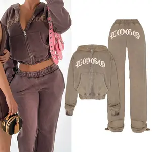 2024 femmes Vintage Streetwear survêtement ensemble en détresse broderie Patch acide lavage fermeture éclair sweats à capuche personnalisable survêtement ensemble