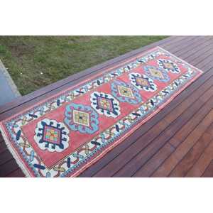 Vintage Turkish <b>Wool</b> Rug 2.6x7.7 ft (79x236 Cm) Eco-Friendly Patchwork Design with <b>Red</b> and Blue Plants & Trees Latex Backing - Product Image 2