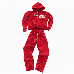 Survêtement en molleton d'hiver personnalisé avec strass pour homme, de haute qualité, vintage, avec patchs usés, sweat-shirt à fermeture éclair en coton, pantalon de survêtement - Product Image 1