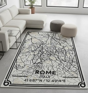 Decoración urbana moderna Alfombra con mechones a mano Mapa de la ciudad de Roma Diseño artístico de la calle Alfombra Coordenadas para el hogar Sala de estar Espacios interiores - Product Image 1