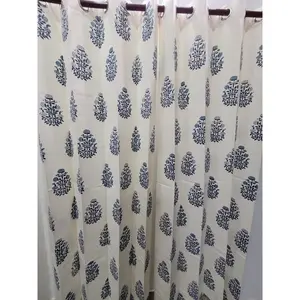 Cortinas y Cenefas de Algodón Estampadas a Mano Vinayakam, Blanco Bass Mugal Azul Butta, 8 Lazos - Product Image 4