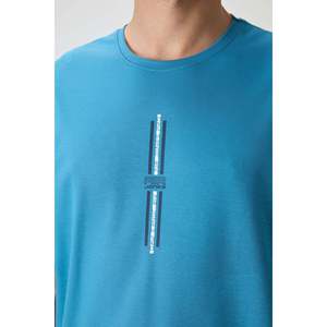 เสื้อยืดผู้ชายพิมพ์ลายทรงโอเวอร์ไซส์ผ้าฝ้ายเนื้อหนาสีน้ำเงินพีทอล - 88366 - สีน้ำเงินพีทอล - Product Image 3