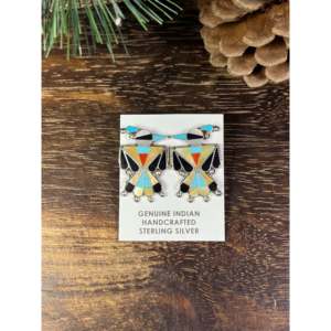 Zuni Made <b>Sterling</b> <b>Silver</b> Multi Stone Inlay Thunderbird <b>Stud</b> <b>Earrings</b> - Product Image 1