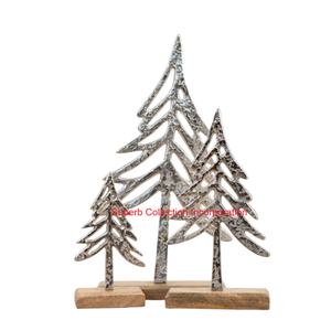 Vintage Silver Metal <b>Christmas</b> <b>Tree</b> Sculpture with Natural Mango Wood Base Modern Tabletop Holiday Decor & Festive - Product Image 2