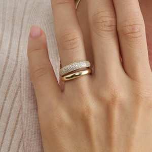 Anillo de doble banda de diamante natural de corte brillante redondo y fino de oro macizo de 18 quilates, regalo de fiesta de boda perfecto para amantes - Product Image 4