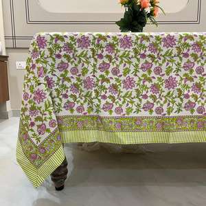 Mantel Indio Estampado a Mano con Diseño Floral Verde y Rosa, Hecho a Mano, 100% Algodón, Decoración Navideña - Product Image 1