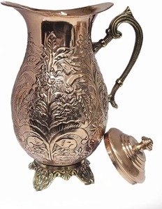 Carafe en cuivre pur poli bicolore avec 2 verres assortis, ensemble de pichet en cuivre 100% artisanal, luxe moderne, écologique, en métal - Product Image 3