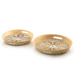 Plateau rond moderne en rotin avec accent en bois, texture artisanale, idéal pour une utilisation élégante sur table basse - Product Image 5