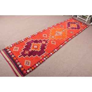 Turkish Rug, <b>Runner</b> 3x11.6 ft Vintage Rug, Orange <b>Red</b> Animal Print Wool Rug - Product Image 2