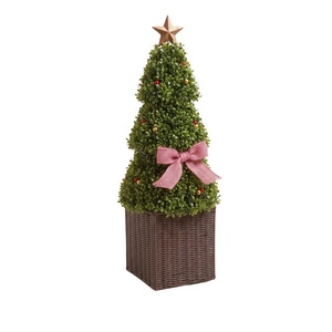 Outdoor Christmas Topiary <b>Tree</b> Artificial Boxwood <b>Tree</b> with Pink Ribbon Ribbon Star Topper, Wicker Rattan <b>Planter</b> - Product Image 1