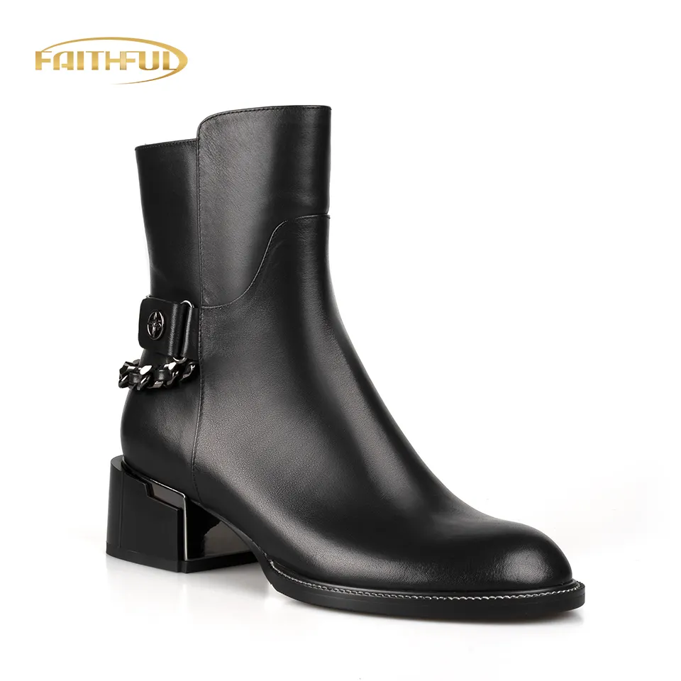 High Quality Winter Women Ankle Boots Leather With Low Block Heel Stylish Silver Chains Female Martin Bottes Botin De Mujer