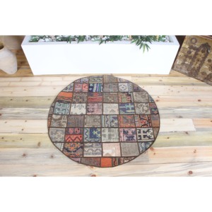 Vintage Turkish Rug, 3.4x3.4 ft Patchwork Rug, <b>Brown</b> Floral <b>Wool</b> Rug - Product Image 1