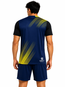 SINEWY SPORTS ชุดเสื้อฟุตบอลชายสีน้ำเงินสีเหลืองพิมพ์ลายเรขาคณิตคอวีแขนสั้นระบายความชื้นพอดีตัวแบบนักกีฬา - Product Image 6