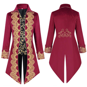 Chaqueta de frac victoriana unisex color borgoña con ribete de encaje dorado, disfraz formal gótico renacentista, modelo de marca personalizado LLU-F-366 - Product Image 1
