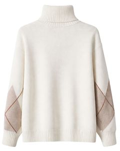 Manufacturer Custom Premium Women Turtleneck Argyle Knit Sweater Soft Warm Winter Pullover Casual Fashion Top Beige <b>Brown</b> Color - Product Image 2