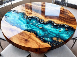 Table à manger en bois d'acacia en résine artisanale moderne de luxe, table de salon imperméable pour mariage, retraite, sympathie, Diwali - Product Image 4