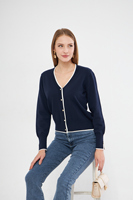 Damen-Strickjacke in Marineblau mit V-Ausschnitt, weißem Besatz und Knöpfen, langärmlig, klassischer Stil, für alle Jahreszeiten geeignet.