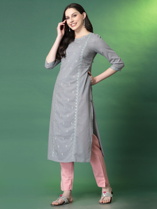 Standard Quality Pure Cotton Fabric V-neck <b>Three</b> Quarter Sleeves A-Line Silhouette Summer Grey Color Embroidery Work Kurti Sets - Product Image 6