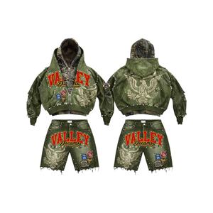 ชุดเซ็ตฮู้ดดี้ผ้าหนาพิเศษทรงโอเวอร์ไซส์ ลวดลายโลโก้แบบย้อมสี พร้อมกางเกงขาสั้นผ้าถักปักลาย สไตล์ลำลองสตรีทแวร์ ผู้ชาย ผ้าฝ้าย 100% - Product Image 1