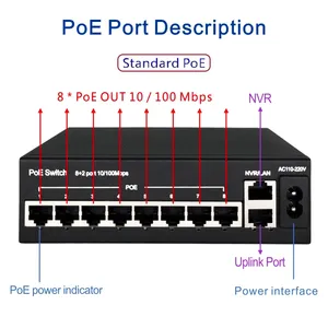 NVR sakelar jaringan Uplink 10/100Mbps, catu daya cerdas 8 Port, saklar Ethernet POE