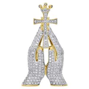 Colgante de Plata 925 Chapado en Oro de 14K con Manos en Oración Sosteniendo una Cruz y Corona, Estilo Hip Hop, con Moissanita, para Hombre, Unisex - Product Image 3