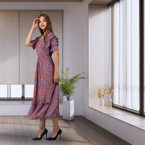 Robe mi-longue à volants imprimée florale à la mode pour les femmes manches courtes à volants taille élastique robe décontractée fluide parfaite pour l'été - Product Image 4