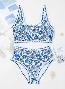 Conjuntos de Bikini OEM con diseño personalizado para mujer, trajes de baño de 2 piezas con estampado floral de punto de látigo, trajes de baño de cintura alta con cuchara - Product Image 4