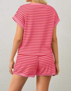 Ensemble de salon 2 pièces d'été pour femmes T-shirts à manches courtes à rayures Mini Shorts Loungewear Shorts Set Ribbed Pajama Set - Product Image 2