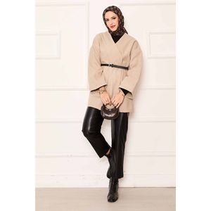 Elegante Abrigo Oversize Beige de Cachemira con Cuello Alto, Capucha, Cierre de Cremallera, Estampado Casual, Decoración de Botones y Forro de Poliéster - Product Image 1