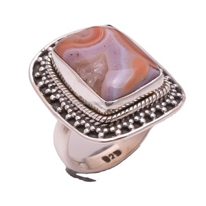 Agate naturelle folle en dentelle 925 bagues en argent sterling faites à la main bijoux fins fête de mariage anniversaire cadeau indien classique unisexe - Product Image 1