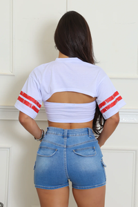 Femmes décontracté Sport Vintage solide col rond haut court Jersey Sublimation manches courtes respirant goutte épaule - Product Image 3