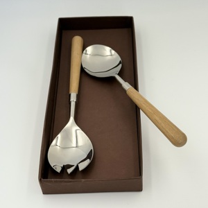 Cuchara para Ensalada de Acero Inoxidable, Cubertería, Cuchara para Ensalada Grande con Mango Largo, Tenedor con Mango de Madera, Juego de Servidores de Ensalada, Cuchara para Servir - Product Image 3