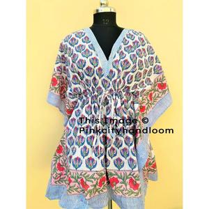 Bikini estampado en Bloque para mujer, ropa de dormir de algodón Natural hecha a mano, caftán, albornoz acolchado, vestido Maxi - Product Image 1