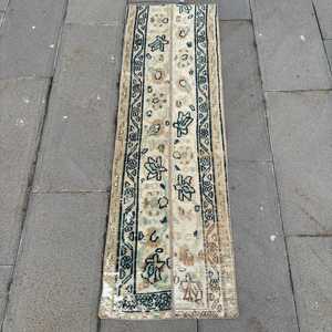 Turkish Vintage Rug, 1.4x4.6 ft Small Rug, <b>Brown</b> Blue Abstract <b>Wool</b> Rug - Product Image 1